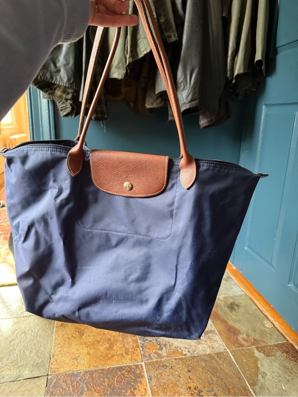 Longchamp Navy Tote with Brown Leather Trim - Picture 2 of 7